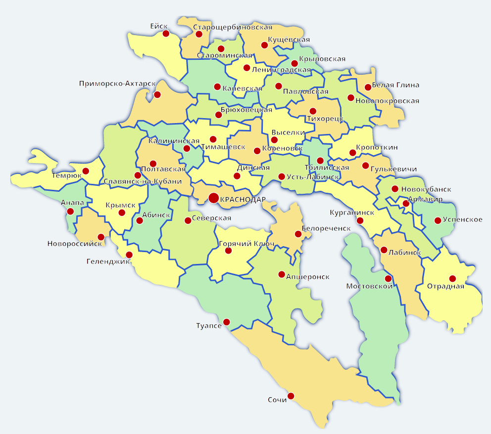 Схема краснодарского края с районами и городами